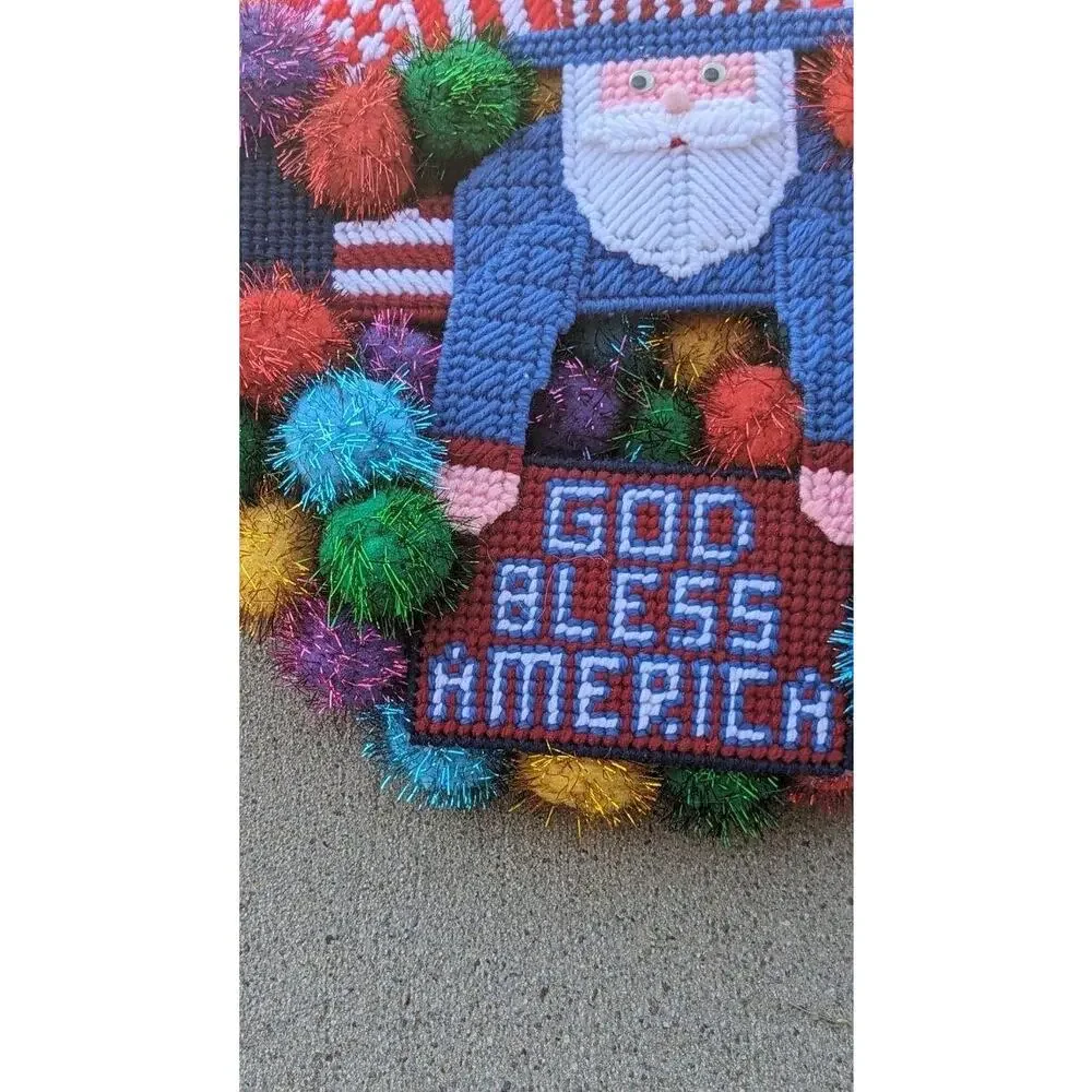 Vintage Multicolor Uncle Sam Canvas Yarn Pom Pom God Bless America Wreath